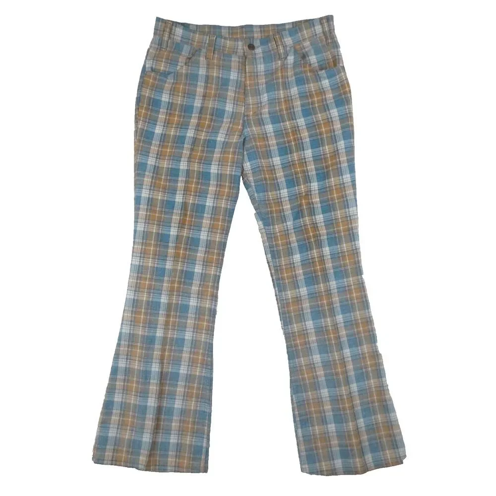 Vintage 1974 Levis Bell Bottoms Flared Pants 33x30 Blue Yellow Plaid‎ Talon USA